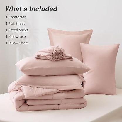 Love's cabin Twin Comforter Set Blush Pink, 5 Pieces Twin Bed in a Bag, All Season Bedding Sets with 1 Comforter, 1 Flat Sheet, 1 Fitted Sheet, 1 Pillowcase and 1 Pillow Sham