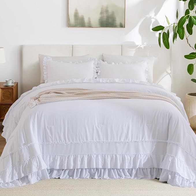 Sanracie California King Comforter Set 128" x 120", Cotton White Soft Breathable 3Pcs Bedding Sets Farmhouse French Country Shabby Vintage Ruffled Bedding Comforter Sets for All Season