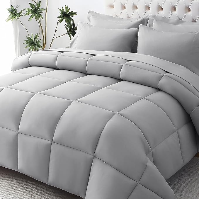 JOLLYVOGUE Twin Comforter Set, Ultra-Soft Bed in a Bag Twin Size 5 Pieces, Oeko-TEX Certified Bedding Set with Down Alternative Comforter, Sheets, Pillowcases & Shams, Light Grey