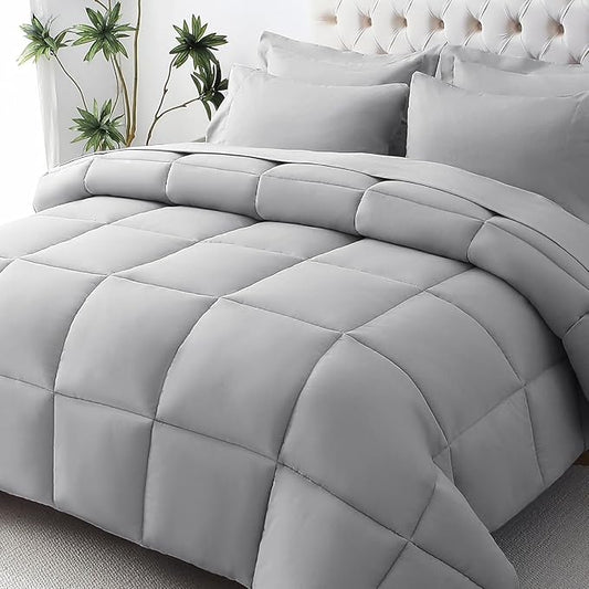 JOLLYVOGUE Twin Comforter Set, Ultra-Soft Bed in a Bag Twin Size 5 Pieces, Oeko-TEX Certified Bedding Set with Down Alternative Comforter, Sheets, Pillowcases & Shams, Light Grey