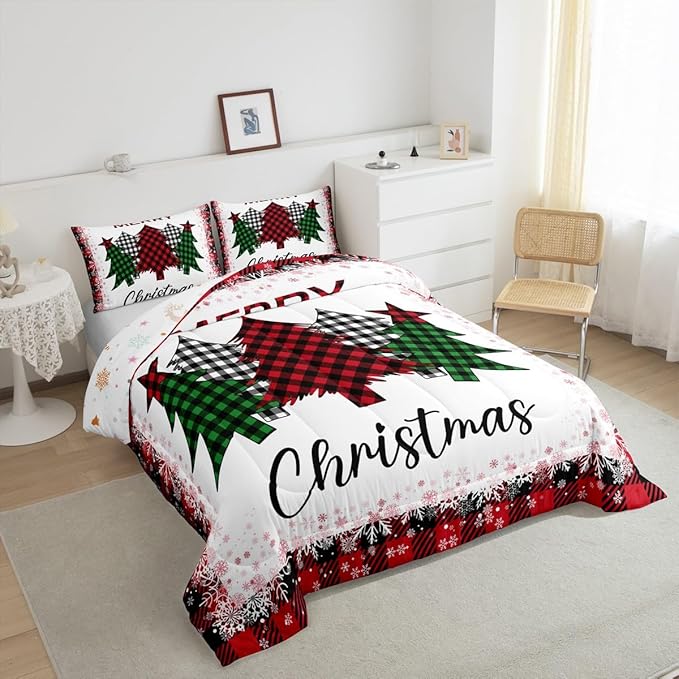 Christmas Plaid Tree Comforter Set King Size,Red Green Black Grid Bedding 3pcs for Kids Girls Adult Winter Room Decor,Fantasy Snowflake Quilt Vintage Chic Duvet Insert,2 Pillowcases