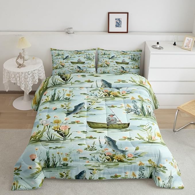 Erosebridal Fishing King Comforter Set,Fisherman and Fish Bedding Sets for Kids Boys Men,Big Pike Bass Fish Quilt Bed Set,Rustic Lake House Flower Bedroom Decor,2 Pillowcases Breathable