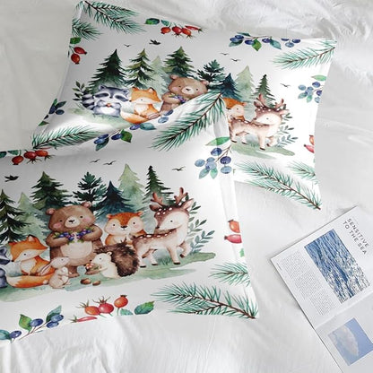 Comforter Set Queen Size, Safari Woodland Animal Bird Soft 3 Pcs Bedding for Kids and Adults, Fox Cute Bear Jungle Comforter Set with Pillowcase, for Bedroom Bed Decor