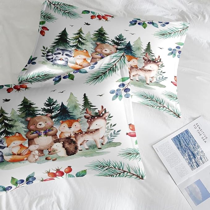 Comforter Set Twin Size, Woodland Animal Soft 2 Pcs Bedding for Kids and Adults, Cute Bear Fox Deer Comforter Set with Pillowcase, for Bedroom Bed Decor