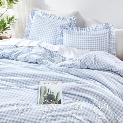Andency Blue Gingham Ruffle Comforter Full (79x90Inch), 3 Pieces(1 Ruffled Comforter and 2 Pillowcases) Solid Farmhouse Shabby Chic Bed, Vintage Rustic Soft Microfiber Bedding Set