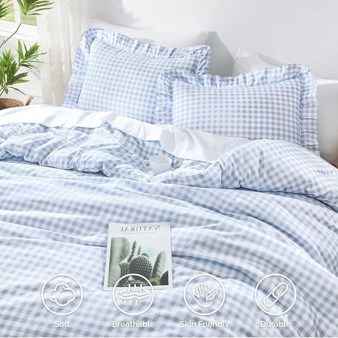 Andency Blue Gingham Ruffle Comforter Twin(66x90Inch), 2 Pieces(1 Ruffled Comforter and 1 Pillowcase) Solid Farmhouse Shabby Chic Bed, Vintage Rustic Soft Microfiber Bedding Set