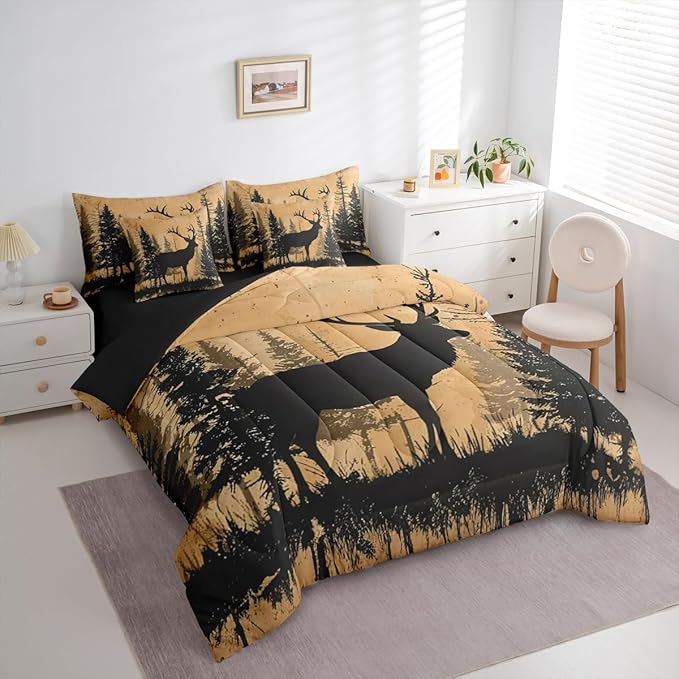 Erosebridal Queen Size Deer Hunting Comforter Set with Sheets 7 Pcs | Rustic Cabin Lodge Bedding Set for Kids Boys Girls Cute Deer Silhouette Bed in A Bag Country Woodland Farmhouse Quilt Sets