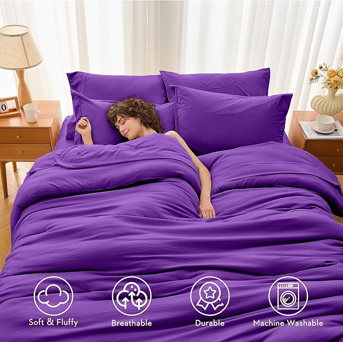 MUXHOMO 7 Pieces Queen Comforter Set, Soft Bed in a Bag Queen Size, All Season Bedding Set with Comforter, Flat Sheet, Fitted Sheet, Pillowcases & Shams, Purple