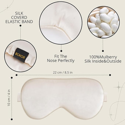 BOKOR Adjustable Silk Sleep Eye Mask for Women and Men, Luxury Mulberry Silk Eye Cover, Light-Blocking Improve Sleep Quality,with Travel Bag - Champagne