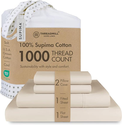 Threadmill Supima King Size Sheets, 1000 Thread Count, 4 Piece American Luxury Bed Sheets for King Mattress, 5 Star Hotel Quality Cotton Sheets with Elasticized Extra Deep Pocket, Beige
