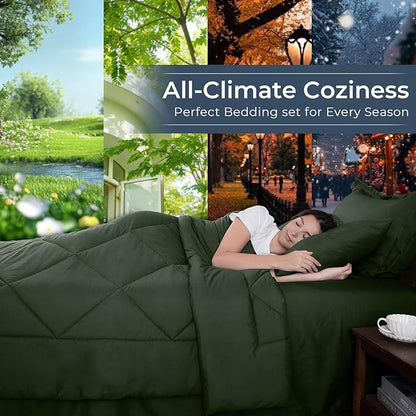 HEVUMYI Army Green Full Comforter Set - 7-Piece All Season Bed in a Bag Full, Ultra Soft Bedding Set with Comforter, Flat Sheet, Fitted Sheet, Pillowcases, Pillow Shams