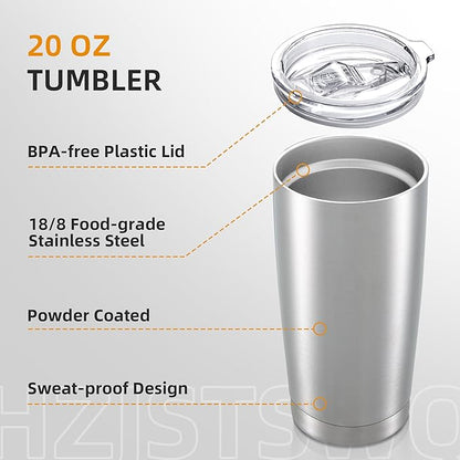 20 oz Tumbler Bulk with Lid Stainless Steel Insulated Tumblers Double Wall Vacuum Coffee Mug Powder Coated Tumbler Cups for Cold and Hot Drinks, Stainless Steel, 6 pack