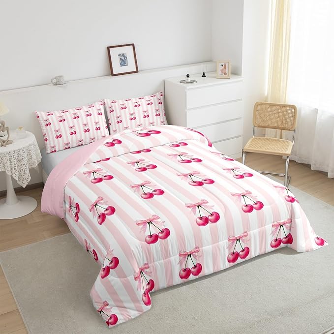 Feelyou Pink Girls Bow Comforter Set Full Size Kawaii Cherry Prints Bedding Set for Boys Teens Decor Bow Comforter Cute Bowknot Duvet Set Bedroom Stripes Quilt Set 3Pcs