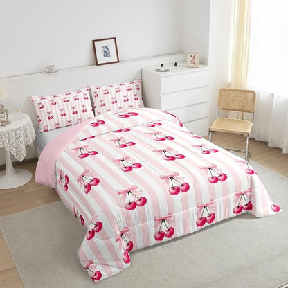 Feelyou Pink Girls Bow Comforter Set Full Size Kawaii Cherry Prints Bedding Set for Boys Teens Decor Bow Comforter Cute Bowknot Duvet Set Bedroom Stripes Quilt Set 3Pcs