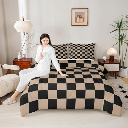 Feelyou Checkered Retro Kids Comforter Set Twin Size Brown Plaid Bedding Set Geometric Vintage Duvet Quilt for Kids Boys Girls Bedroom Modern Simple Groovy Aesthetic Decor