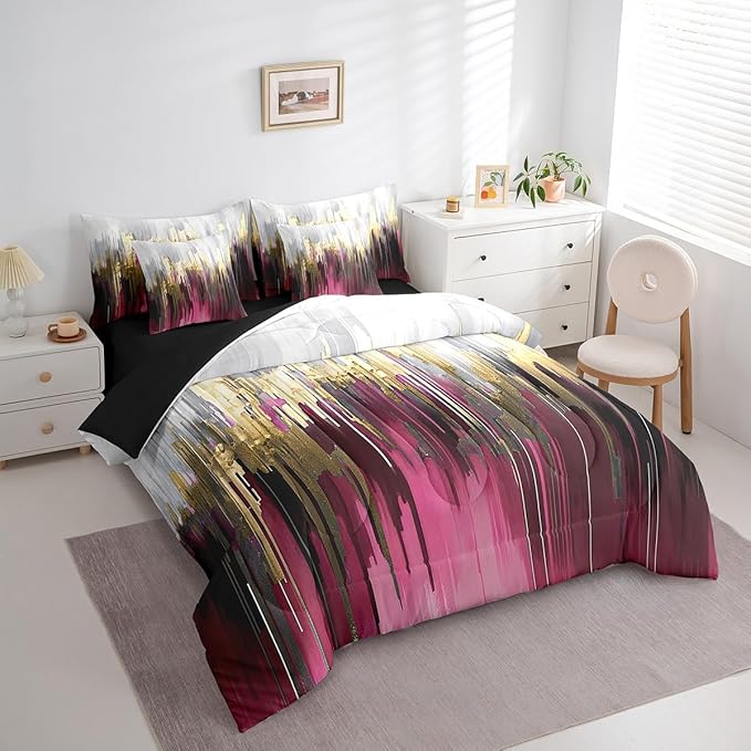 Hot Pink Purple Queen Comforter Set 7 Pieces Abstract Watercolor Bedding Comforter Sets, Gradient Stripe Bed in a Bag Chic Vintage Aesthetic Bedding Set, Graffiti Oil Painting Modern Bed Sheets Set