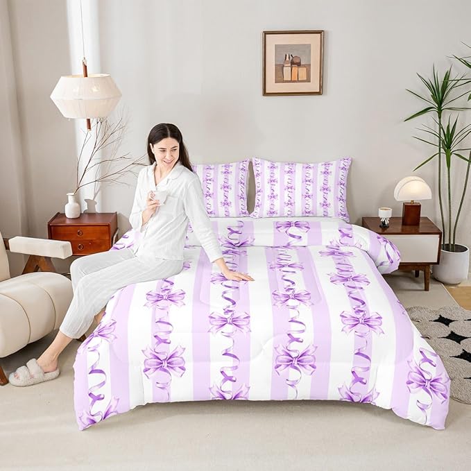 Erosebridal Purple Watercolor Bow Bedding Set King Dreamy Princess Style Comforter Set Cute Kawaii Bowknot Bedding Comforter Sets for Kids Girls Teen Women,Romantic Coquette Bow Tie Quilt