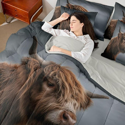 Erosebridal Highland Cow Comforter Sets with Sheets, Brown Cattle Bedding Set Queen for Boys Girls Nature Wild Animal 7Pcs Bed in A Bag Rustic Wildlife Bed Set