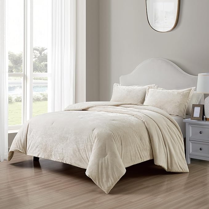 Luxury Velvet Queen Comforter Set, 3 Pieces Reversible Comforters Queen Size with 2 Pillow Shams, Brushed Solid Microfiber Back, All Season Cozy, Soft, Warm, Lightweight (Beige, 90x90 Inch)