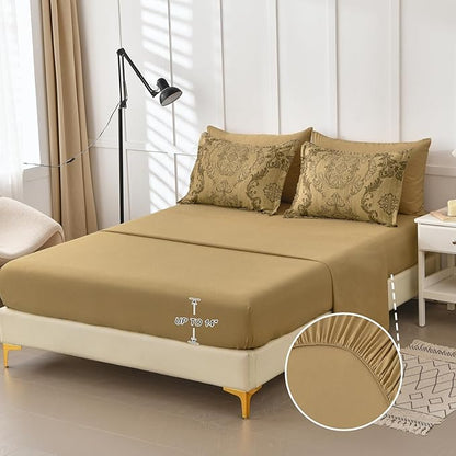 WONGS BEDDING Gold Comforter Set King Size, Damask Texture Design 7 Pieces Bed in a Bag Microfiber Comforter Bedding Sets -1 Comforter, 1 Flat Sheet, 1 Fitted Sheet, 2 Pillow Shams,2 Pillowcases