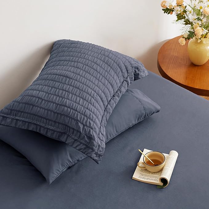 Love's cabin Seersucker Navy Blue California King Comforter Set, 7-Piece All Season Lightweight Bed in a Bag Bedding Set with Comforter, Flat Sheet, Fitted Sheet, Pillowcases and Shams | Soft, Breathable, Lightweight