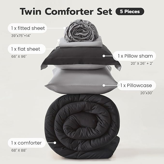 Joiedomi Twin Comforter Set with Sheets Black, 5 Pieces Twin Bedding Sets with 1 Down Alternative Comforter, 1 Flat Sheet, 1 Fitted Sheet, 1 Pillowcase and 1 Pillow Sham, Bed in a Bag for All Seasons