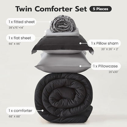 Joiedomi Twin Comforter Set with Sheets Black, 5 Pieces Twin Bedding Sets with 1 Down Alternative Comforter, 1 Flat Sheet, 1 Fitted Sheet, 1 Pillowcase and 1 Pillow Sham, Bed in a Bag for All Seasons