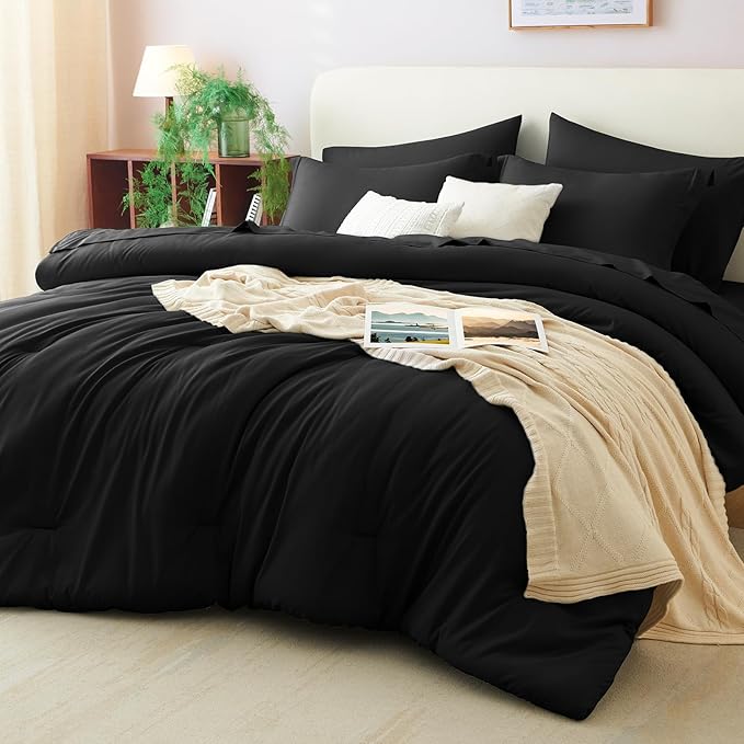 CozyLux Oversized King Comforter Set Black, 7 Pieces Bed in a Bag Comforter Set with Sheets, Soft Bedding Sets with Down Alternative Comforter, Fitted Sheet, Flat Sheet, Pillow Shams and Pillowcases