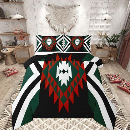 Feelyou Southwestern Aztec Tribal Comforter Set Red Green Boho Western Queen Size Bedding Set for Kids Boys Girls Vintage Geometric Duvet Quilt