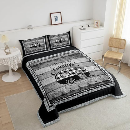 Feelyou Camper Comforter Set Queen Size Kids Happy Camping Comforter for Boys Teens Vinatge Buffalo Check Wood Grain Southwestern Bedding Set Black White Duvet Set Room Decor