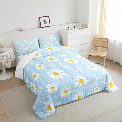 Manfei Daisy Comforter Set King Size, White Flower Leaves Bedding Set 3pcs for Kids Boys Girls Bedroom Decor, Botanical Garden Artwork Quilt Set Soft Polyester Duvet Set with 2 Pillowcases