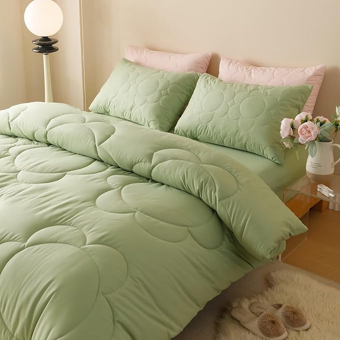 Cottonight Sage Sunflower Comforter Set - Queen Size, Light Green Floral Bedding Set - Women's Boho Farmhouse Chic Blanket & Quilts - Soft, Breathable, Grass Green Printed 3 Piece Set