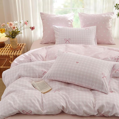 Pink Comforter Set Full Size - Pink Bow Quilt Bedding Set 3 Pieces, Heart Comforter Set Full, Soft & Lightweight Comforter(79‘’ x 90‘’) for Girl All Season & 2 Pillowcases(30‘’x20‘’)