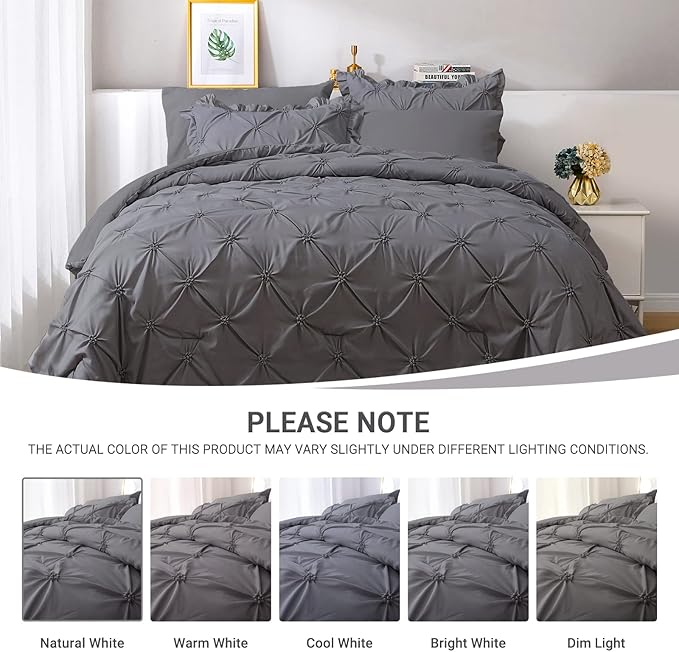 JOLLYVOGUE King Size Comforter Set 7 Pieces, Pintuck Dark Grey Bed in a Bag Comforter Set for Bedroom, Beddding Sets with Comforter, Sheets,Ruffled Shams & Pillowcases