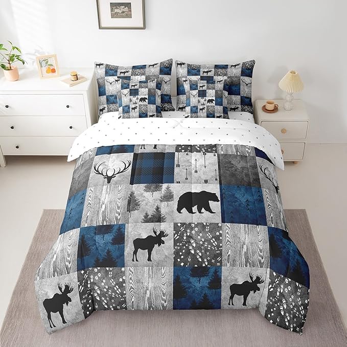 Erosebridal 7 Pcs Hunting Animal Comforter Set Queen Size,Rustic Bear Deer Bed in a Bag with Flat Fitted Sheet for Kids and Adults,Camper Plaid Check Bedding Set with Pillowcases and Cushion Cases