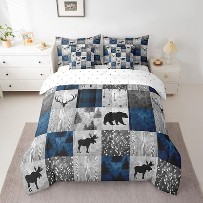 Erosebridal 7 Pcs Hunting Animal Comforter Set Twin Size,Rustic Bear Deer Bed in a Bag with Flat Fitted Sheet for Kids and Adults,Camper Plaid Check Bedding Set with Pillowcases and Cushion Cases
