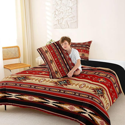 Aztec Bedding Set Ethnic Tribal Arrow Queen Comforter Set,Vintage Southwestern Native Bohemian Quilt,Western Star Duvet Insert Exotic Geometric Diamond Stripes Room Decor,Red and Black