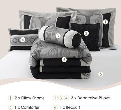 Stratford Park Black and Silver Comforter Set California King Size,Elegant 7 Pieces Striped All Season Bedding Set