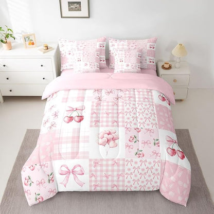 Feelyou Pink Bow Comforter Set with Sheets 7 Piece Twin Size Cherry Prints Bed in a Bag Kids Boys Girls Heart Pattern Bedding Set Cute Bowknot Bedroom Decor Breathable Soft Lightweight Microfiber