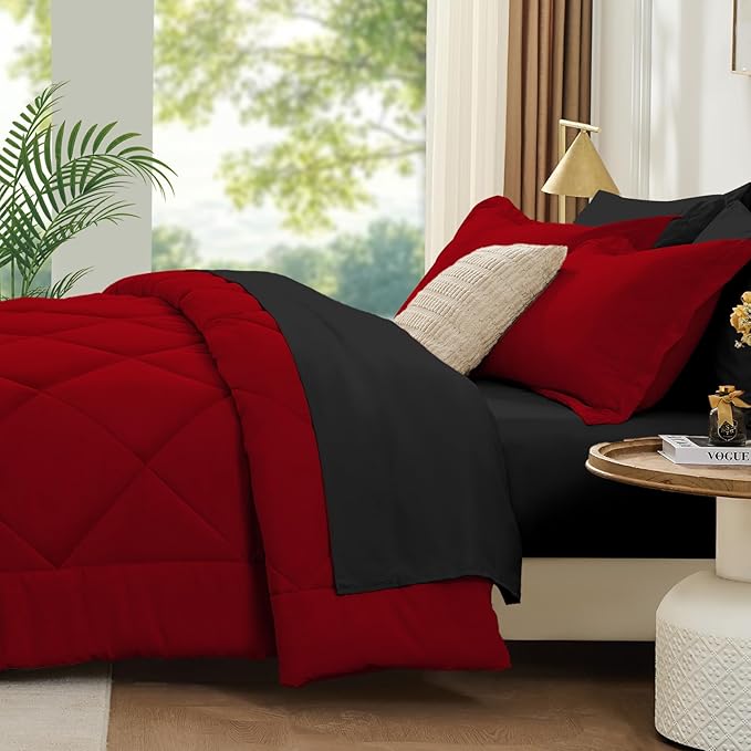 FUANNA 7 Pieces King Size Comforter Set, All Season Bed in a Bag King Size, Luxury Soft Bedding Sets with Comforter, Flat Sheet, Fitted Sheet, Pillowcases & Pillow Shams, Red & Black