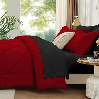 FUANNA 7 Pieces King Size Comforter Set, All Season Bed in a Bag King Size, Luxury Soft Bedding Sets with Comforter, Flat Sheet, Fitted Sheet, Pillowcases & Pillow Shams, Red & Black