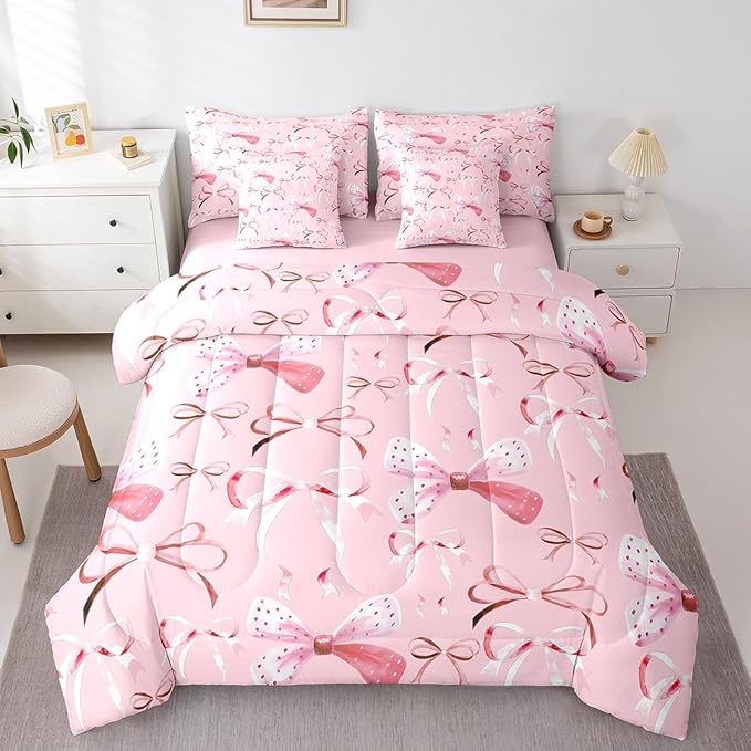 Feelyou Pink Girls Bow Bedding Set for All Season Boys Girls Twin Size Bow 7 Pieces Comforter Sets for Kids Women Men Cute Bowknot Bed in a Bag with Comforter, Sheets, Pillowcases & Cushion Cover