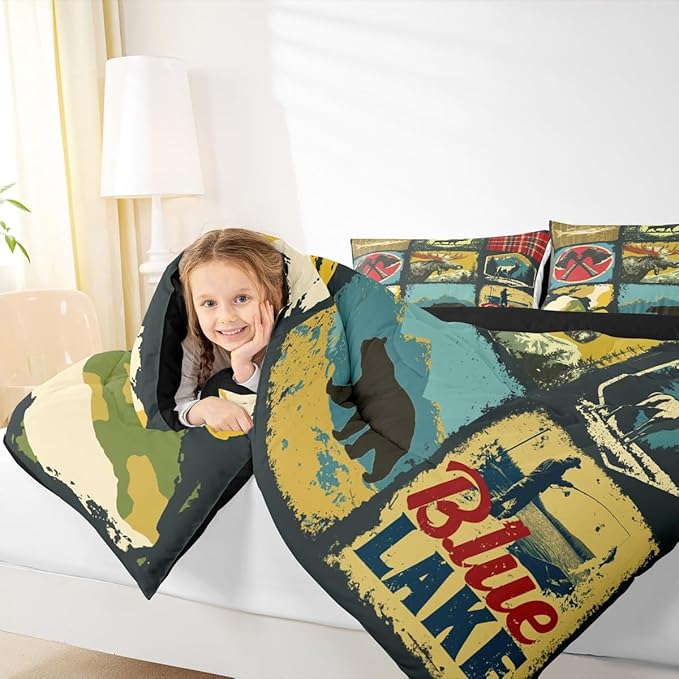 Hunting Bear Comforter Set, Rustic Farmhouse Bedding Sets for Kids Teens Adult Cabin Lodge Decor, Vintage Woodland Wildlife Moose Down Comforter, Retro Buffalo Plaid Quilted Duvet, Yellow Red, Queen