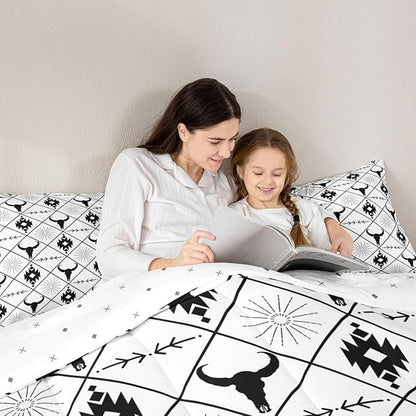 Erosebridal Boys Bull Skull Comforter Set Twin Size, Ethnic Western Horns Bedding Set Teens Tribal Aztec Boho Southwestern Duvet Insert Farmhouse Animal Vintage Quilt, 1 Pillow Case, Black White