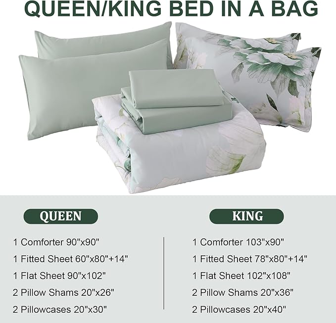 Dobuyly Floral King Size Comforter Set 7 Piece Bed in a Bag, Sage Green Reversible Comforter Set with Sheets, Soft Microfiber Botanical Flowers Summer Bedding Set for All Season