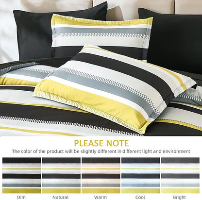 WONGS BEDDING Yellow Comforter King Size Set, 7 Pieces Bed in a Bag Yellow and Black Comforter Set, Soft Boho Striped Bedding Sets with Sheets, Pillowcases & Shams