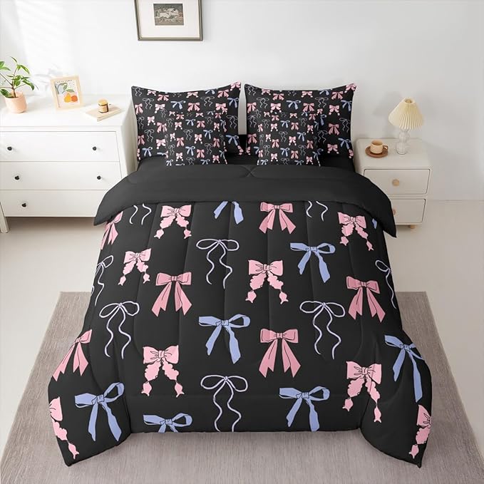 Erosebridal Bow King Comforter Set Ribbon 7-Piece Bed in A Bag Sweet Dreamy Kawaii Bowknot Fairy Sheets and Pillowcases Pink Black Bed Sets