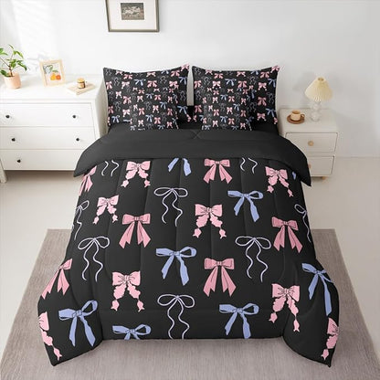 Erosebridal Bow King Comforter Set Ribbon 7-Piece Bed in A Bag Sweet Dreamy Kawaii Bowknot Fairy Sheets and Pillowcases Pink Black Bed Sets