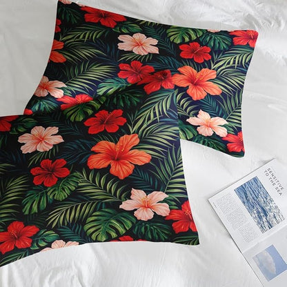Comforter Set Queen Size, Summer Colorful Hawaiian 7 Pcs Bedding for Kids and Adults, Tropical Plants Hibiscus Bed Sheet Sets with Fitted Sheet 2 Pillowcases & 2 Shams for Bedroom Bed Decor