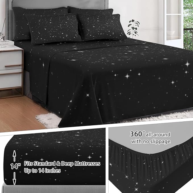 Comforter Set Queen Size, Space Starry 7 Pcs Bedding for Kids and Adults, Star Sky Bed Sheet Sets with Fitted Sheet 2 Pillowcases & 2 Shams for Bedroom Bed Decor